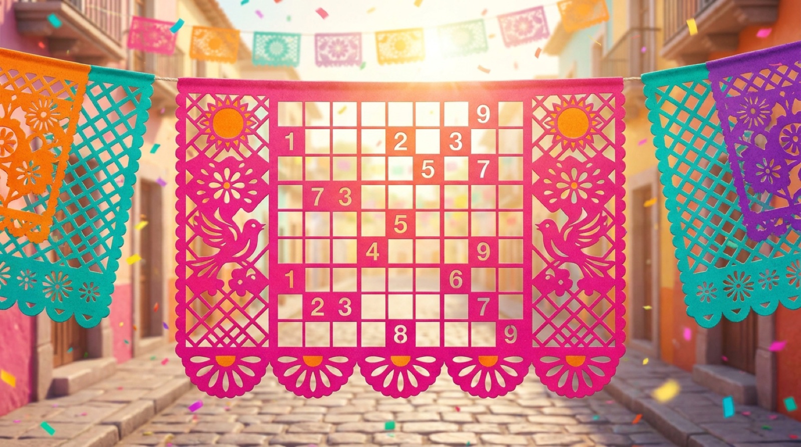 Un tablero de sudoku estilo papel picado en colores vivos